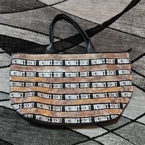VICTORIA SECRET 2018 LIMITED EDITION SILVER SEQUINS LOGO STRIPES BLK CANVAS TOTE